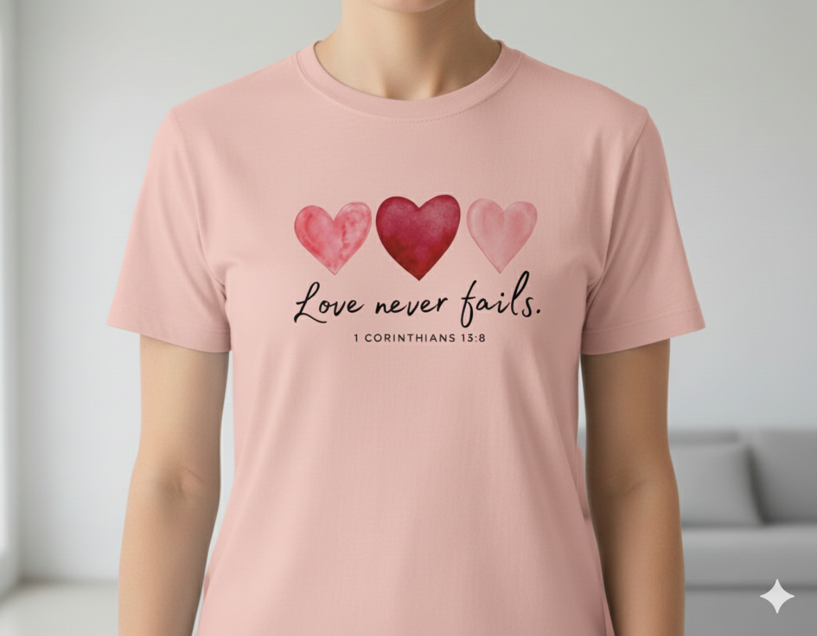 Love Never Fails T-Shirt - 1 Corinthians 13:8