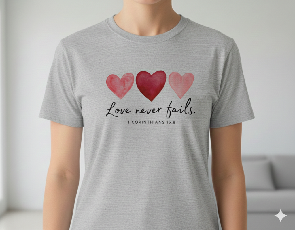 Love Never Fails T-Shirt - 1 Corinthians 13:8