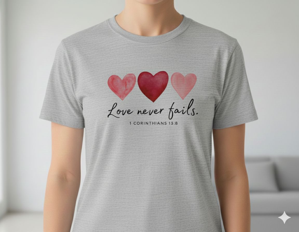 Love Never Fails T-Shirt - 1 Corinthians 13:8