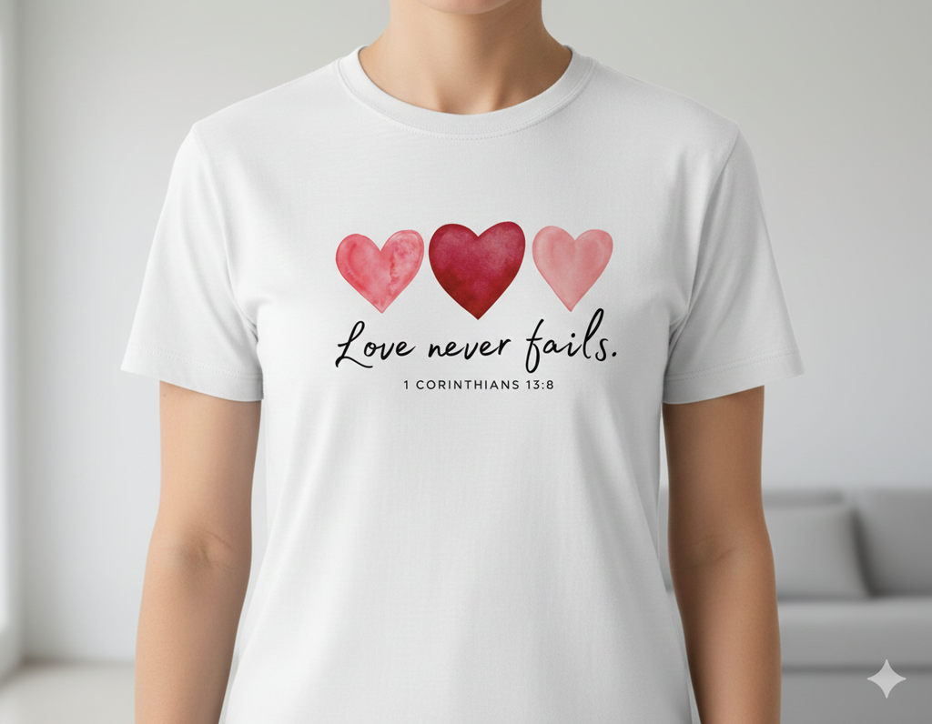 Love Never Fails T-Shirt - 1 Corinthians 13:8