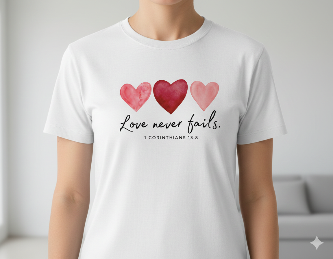 Love Never Fails T-Shirt - 1 Corinthians 13:8